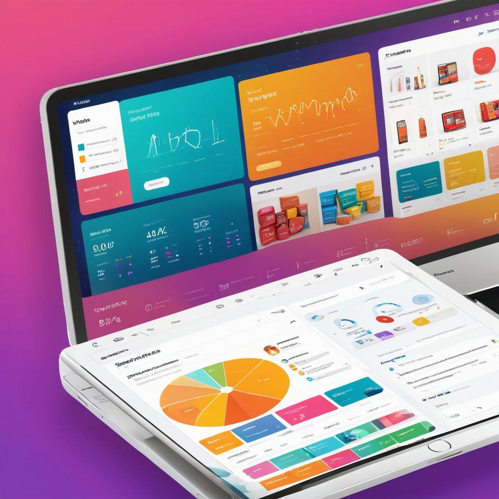 A dynamic split-screen visual showcasing an online retail dashboard on one side with colorful product listings, sales data analytics, and customer reviews, while the other side displays a seamless shopping experience with a customer happily browsing on a digital device amidst an array of products. Incorporate vibrant colors, emphasizing the fluid transition from listings to insights, with abstract elements to represent data flow and consumer engagement. super-realistic. vibrant colors. 3D.