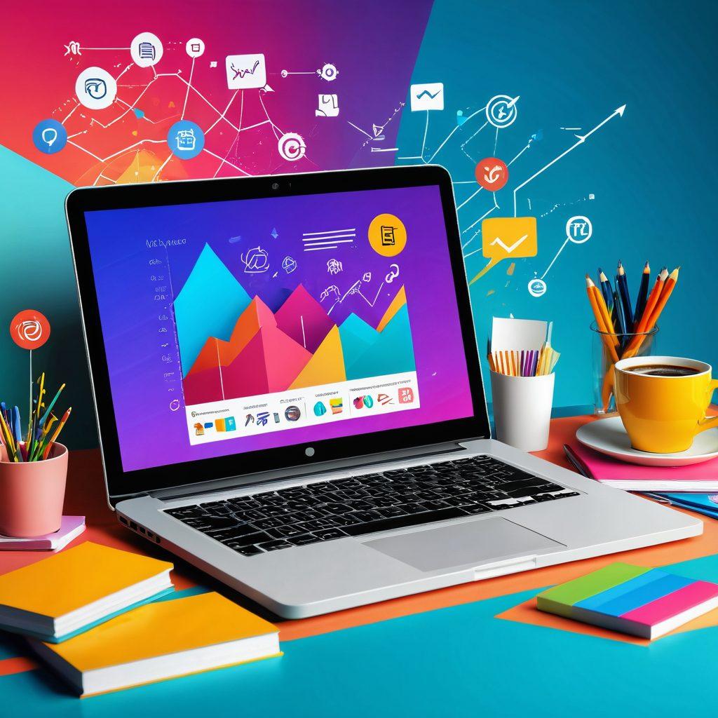 A modern, sleek webshop interface displayed on a laptop, overflowing with colorful digital marketing icons (such as graphs, social media symbols, and content elements). The background showcases vibrant abstract designs representing digital trends, and a glowing upward arrow symbolizing growth and elevation. Include elements like a coffee cup and sticky notes for a cozy, brainstorming vibe. ultra-modern. vibrant colors. 3D.