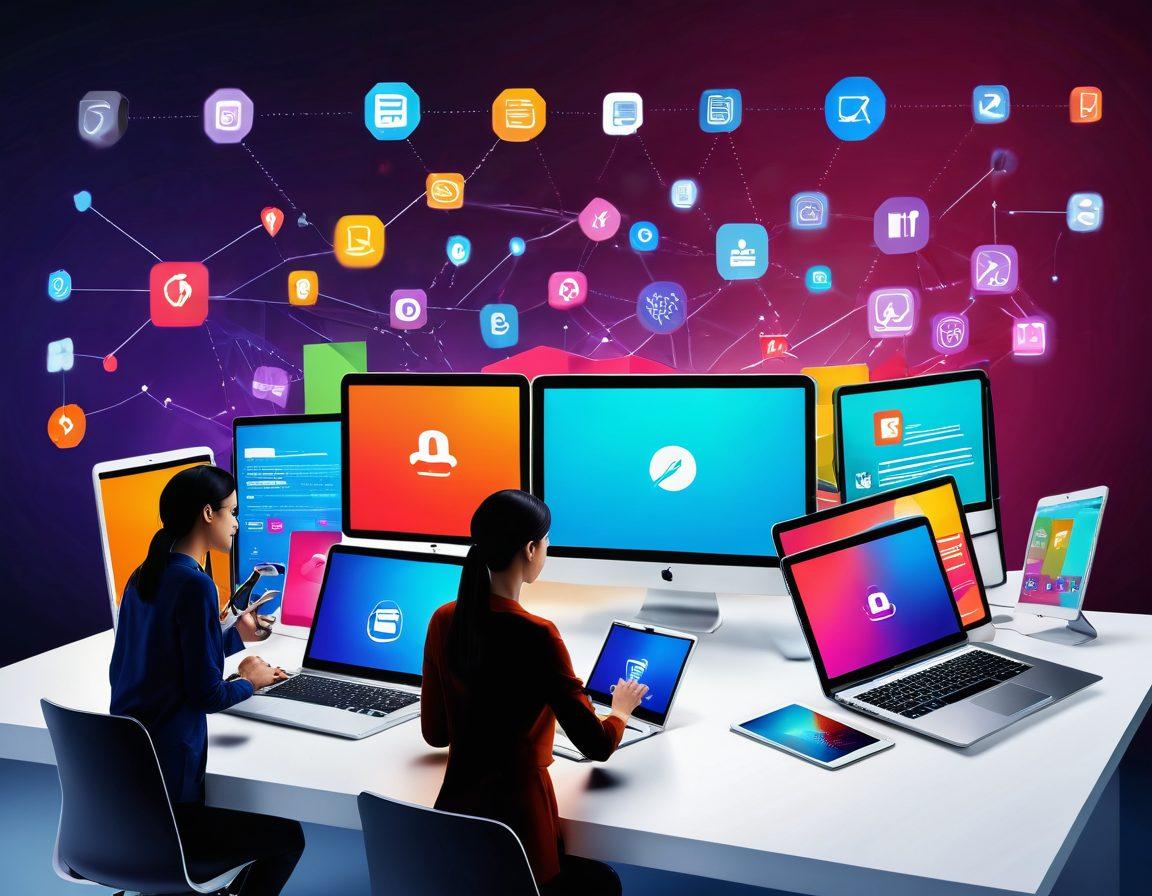 A vibrant digital landscape showcasing a diverse group of people collaborating over laptops and tablets, creating engaging e-commerce content. Include eye-catching product images and social media icons floating around, symbolizing online retail interaction. The background should feature a sleek modern workspace with bright lighting, emphasizing creativity and success. Create a sense of motion with arrows and charts suggesting growth. super-realistic. bright colors. 3D.